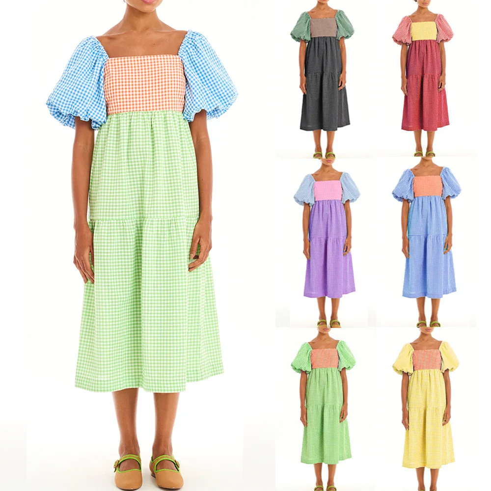 

Женское клетчатое платье миди, повседневные платья с коротким рукавом-фонариком и квадратным вырезом, привлекательная уличная одежда трапециевидной формы с открытой спиной, лето 2024