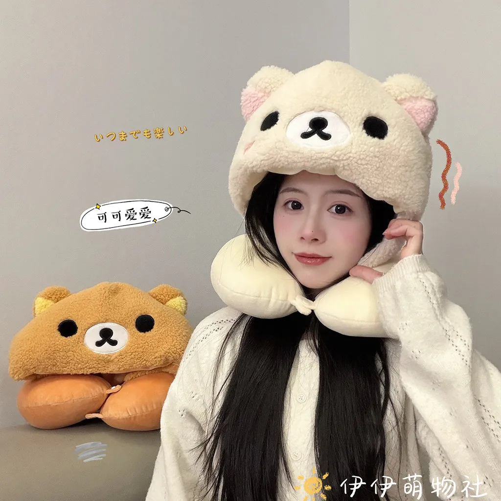 Niedliches Rilakkuma Nackenkissen mit Kapuze, weiches Plüsch-Bären-U-förmiges Reisekissen in Weiß-Braun für Reisen, Büro, warme Nickerchen, Mädchen – Detail 7