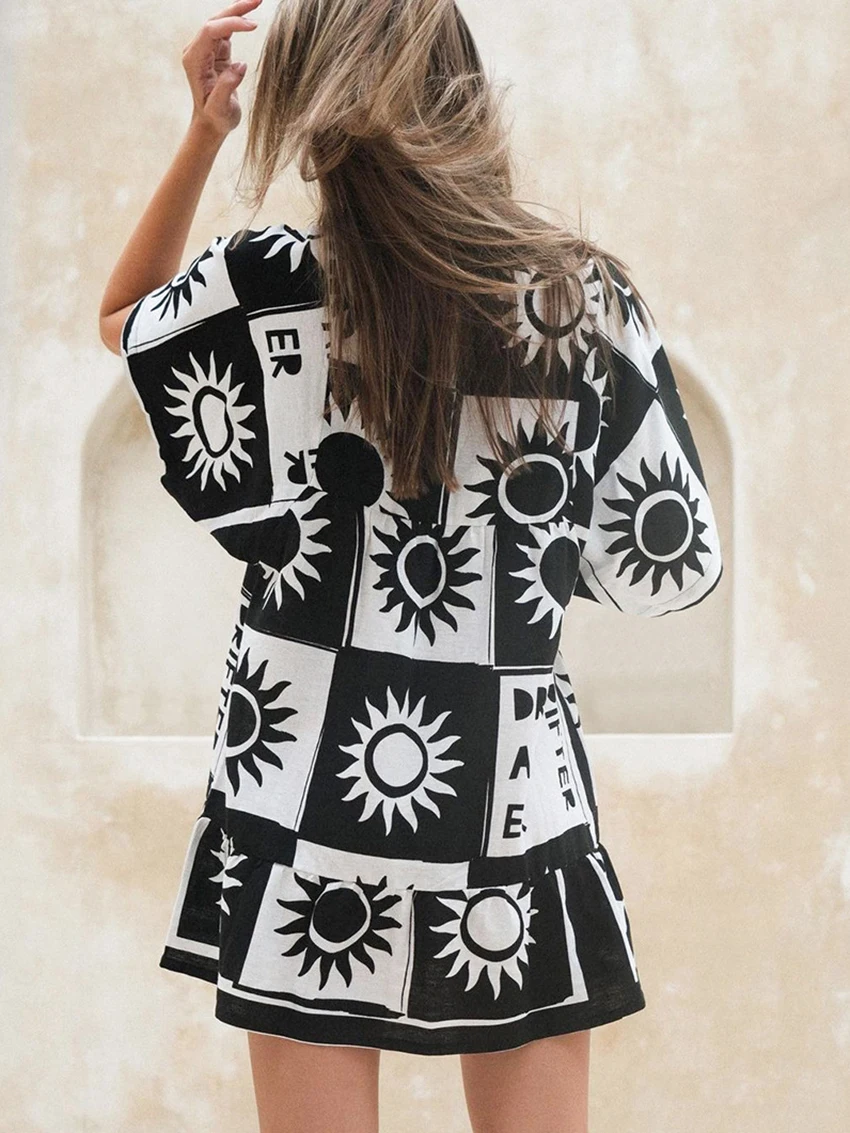 Marthaqiqi Summer Casual Printing Women'S Pajamas Half Sleeve Nightgowns Sexy V-Neck Sleepwear Loose Mini Dress Ladies Nightwear