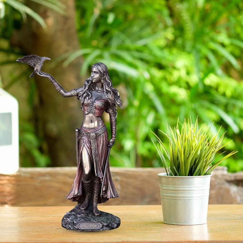 Resin Statues The Celtic Goddess of Battle with Crow & Sword Bronze Morrigan Finish Statue Ghost Head Cup Resin Crafts