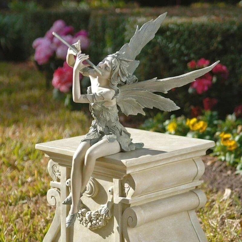 Europe Style Fairy Statue Creative Design Playing Flute Angel Sculpture Resin Elves Garden Lawn Ornament Friend Brithday Gift