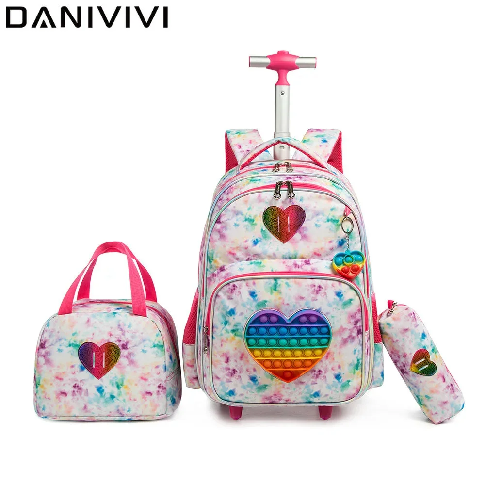 

3 IN 1 School Bags for Girls with Wheels School Trolley Bag with Lunch Bag Pencil Case Rolling Wheeled Backpack for Girls 2023