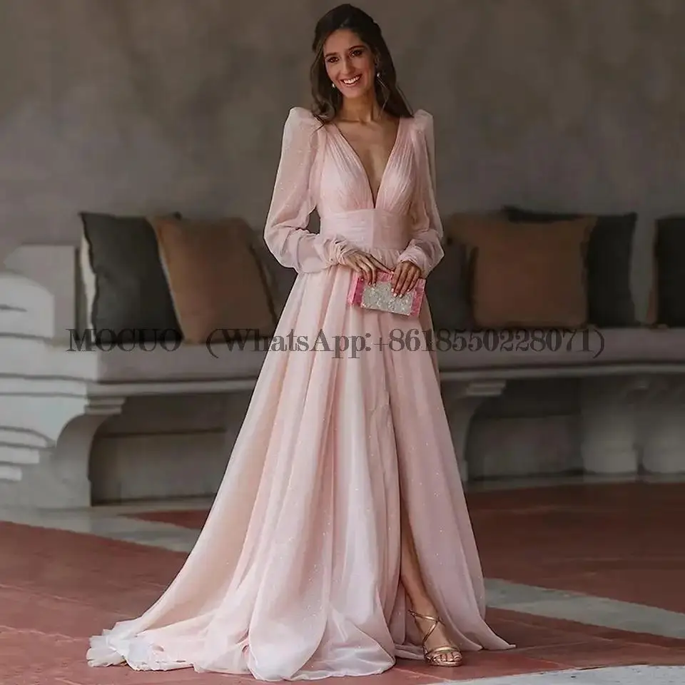 

Sparkly Tulle Pleats Evening Party Dress for Women Elegant Glitter Long Sleeves Deep V-Neck Backless A Line Prom Gown