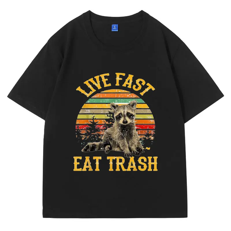 

Live Fast Eat Trash Funny Raccoon Camping Graphic Print T Shirt Male Fashion Vintage Cotton T-shirt Men Women's Oversized Tops