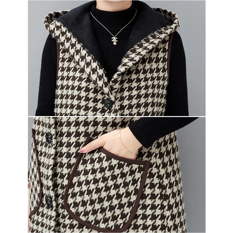 Thick Wool Waistcoat Vests Jacket Women Loose Long Casual Houndstooth Waistcoat  2023 New Spring Fall Hooded Vest Female Outwear