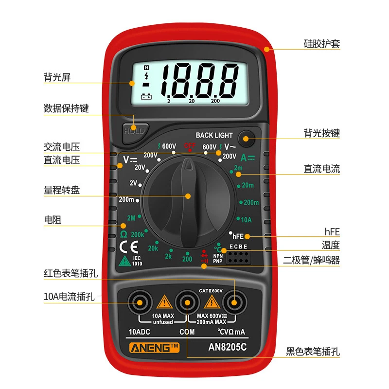New Professional AN8205 Digital Multimeter Portable multi meter AC/DC voltage meter DC Ammeter Resistance Tester White Light HR