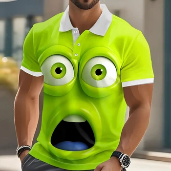 Polo da uomo a maniche corte con stampa divertente a faccina sorridente, casual, per resort, outdoor, streetwear, regalo, athleisure, con bottoni