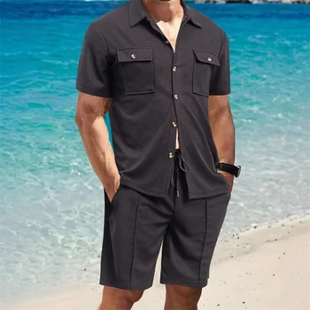 Casual Men s Summer Set Stylish Short Sleeve Button Up Shirt and Comfortable Elastic Waist Shorts in Solid Colors for Beach 3