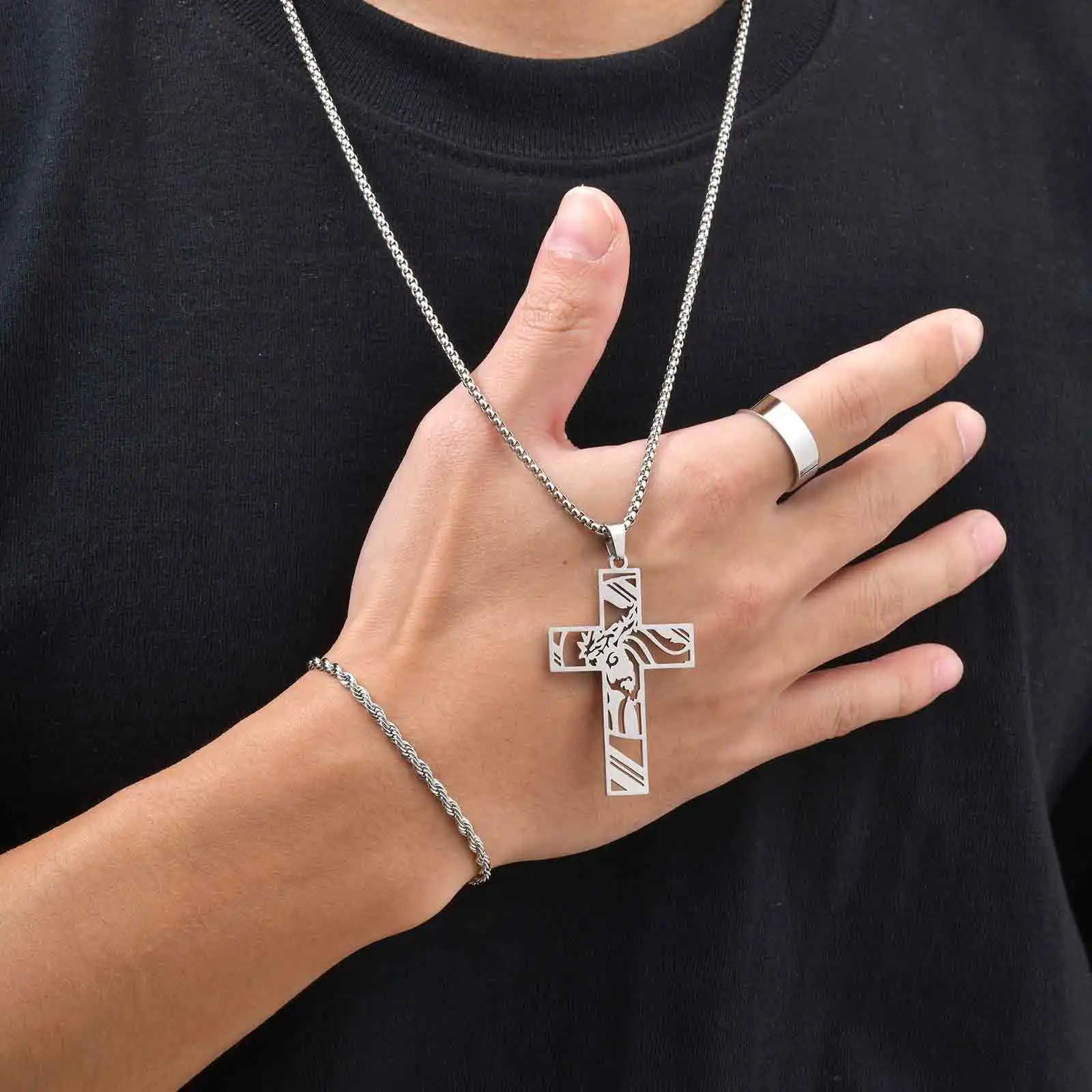 3-teiliges Christliches Schmuckset für Männer, Edelstahl Hohles Jesus-Gesicht Anhänger Halskette, Glaubens-Gebets-Schmuckset Geschenk – Detail 5
