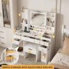 Vanity Desk Mirror and Lights, Makeup Table Charging Station, 45in Vanity Set Comfortable Bench, Big Vanity 5 drawers 3