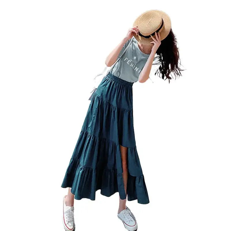 

Fashion Spring Autunm cotton linen maxi skirts, Ukraine streetwear Asymmetry Ruffle skirt black white red