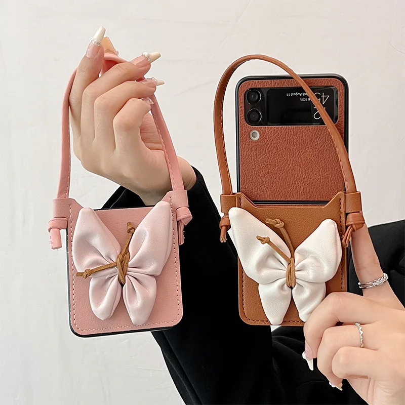 

For Samsung Galaxy Z Flip 5 4 3 5G Fashion Sweet Girl Design 3D Butterfly Portable Hand Strap Card Bad Purse Leather Case Cover