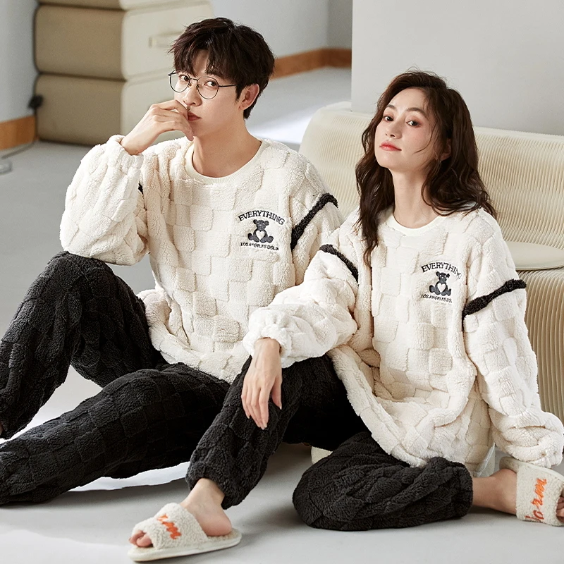 Couple Winter Flannel Pajamas Women's Coral Fleece Long Sleeves Thicken Men's Pijamas set Korean Fashion Loungewear For Lover