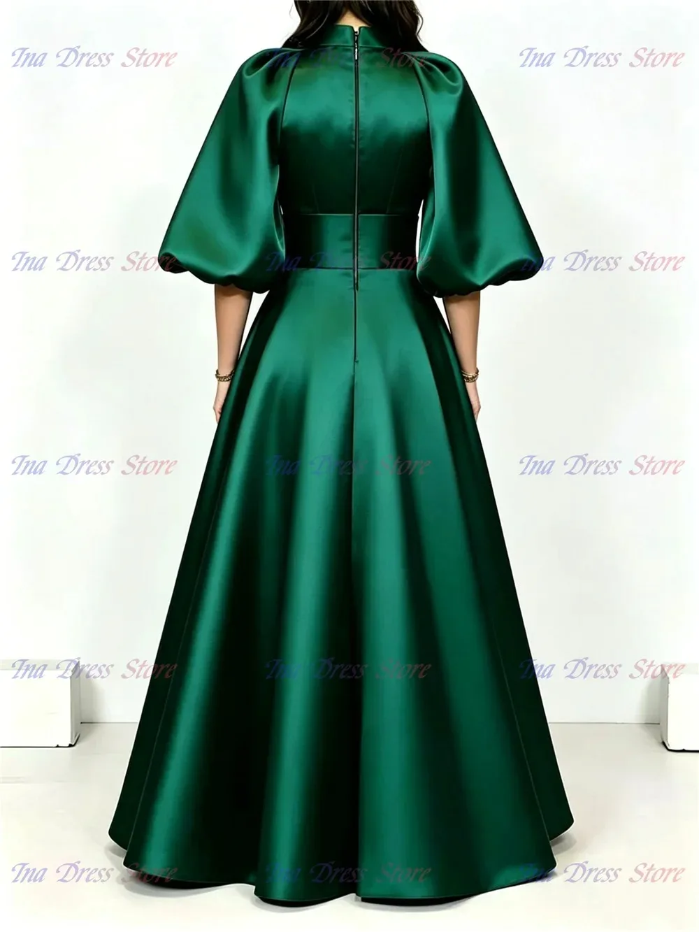 New Elegant Quality Satin Pleated Bridesmaid Dress for Wedding Vintage High Neck Balloon Sleeve Communion Party Evening Dresses - 2