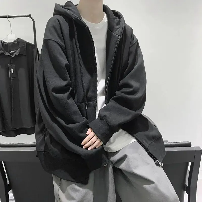 남성용 용수철 퓨어 컬러 후디, 오픈 가디건, 레트로 캐주얼, 다목적 상의, 하이 스트리트 패션 코트, 가을