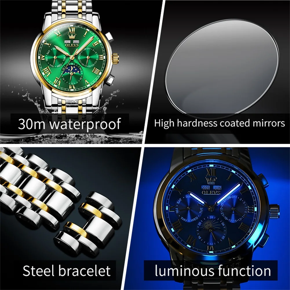 OLEVS Original Men Watch Moon Phase Skeleton Fully Automatic Mechanical Watch Waterproof Date Luminous Fashion Business Watch