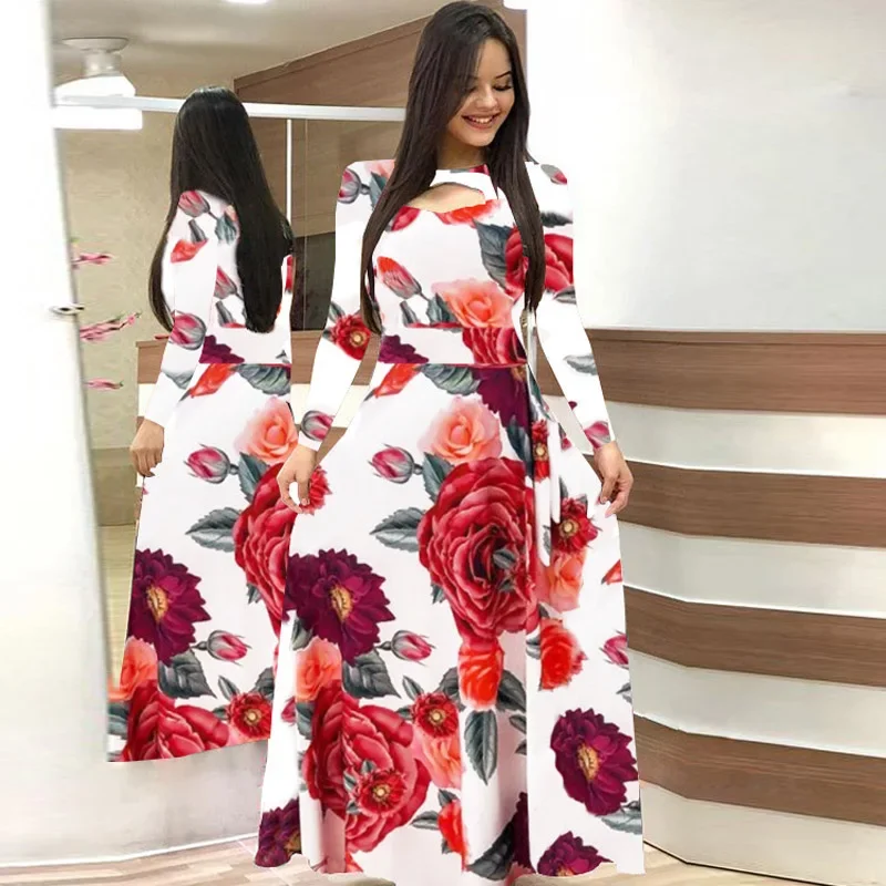 

Spring Autumn Casual Slim Sashes Long Dress Women Elegant Robe Party Dresses Plus Size S-5XL Flower Print Long Sleeve Maxi Dress