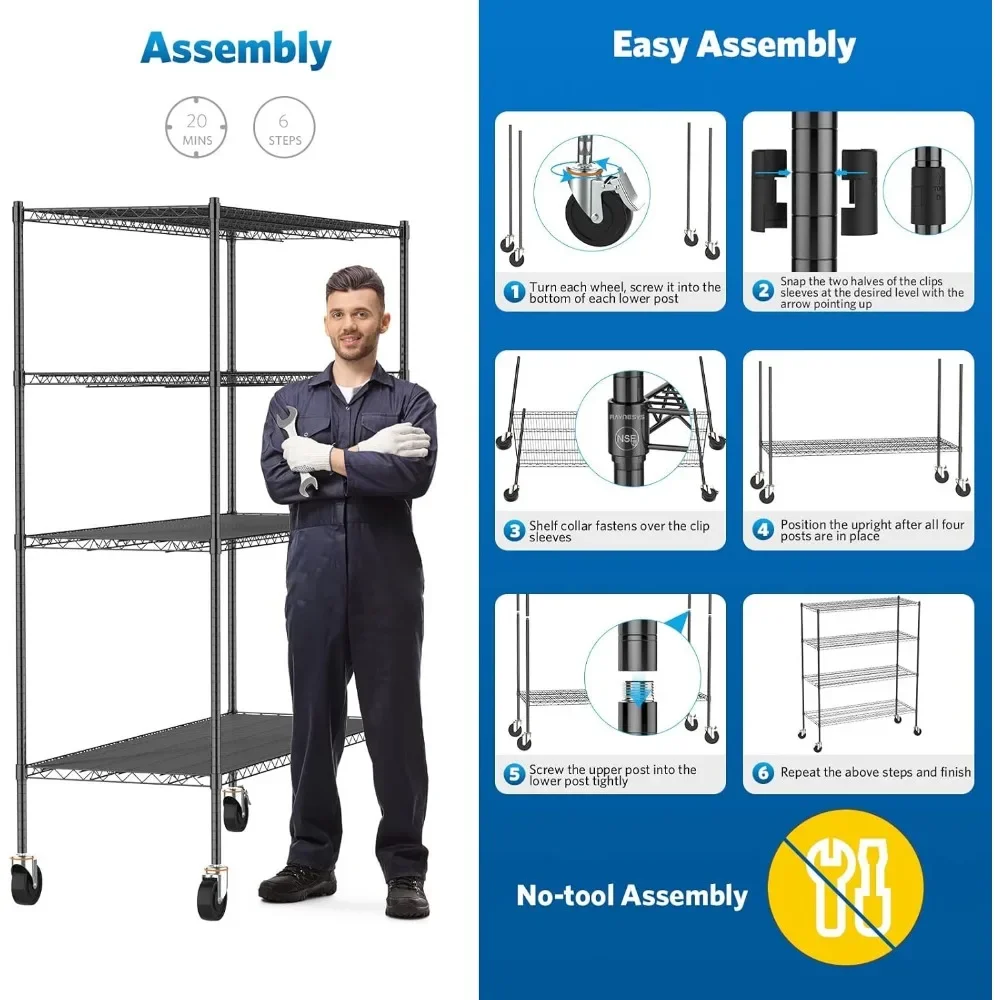 Wire Shelving, 2000 Lbs Heavy Duty 60x24x72 Inch Shelving Metal Shelves with 4" Wheels, 4-Tier NSF Steel Wire Storage Shelf 6