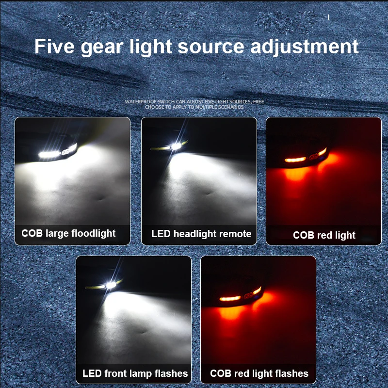 Description Picture 2 of itemCOB Headlamp Fishing Headlight 5 Lighting Modes Flashlight USB Rechargeable Head Light Outdoor Camping Portable Working Light