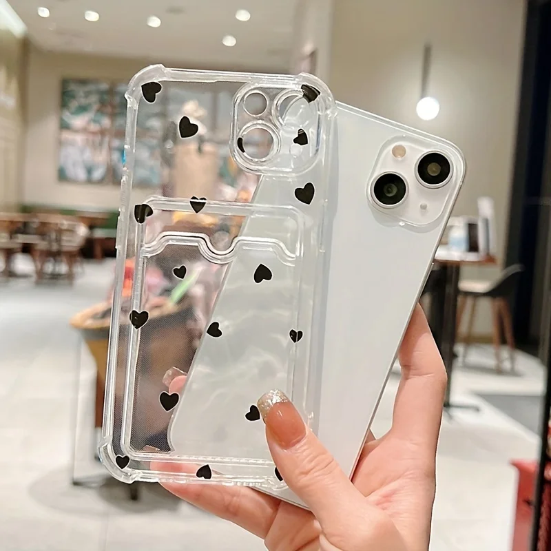Elegant Black & White Love Heart Clear Phone Case with Wallet and Card Holder