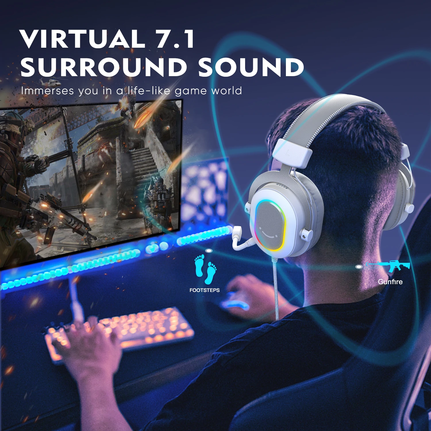 FIFINE RGB 게임용 헤드셋, 7.1 서라운드 사운드, 3-EQ/MIC, 오버 이어 헤드폰, PC PS4 PS5 Ampligame-H6W 인라인 제어