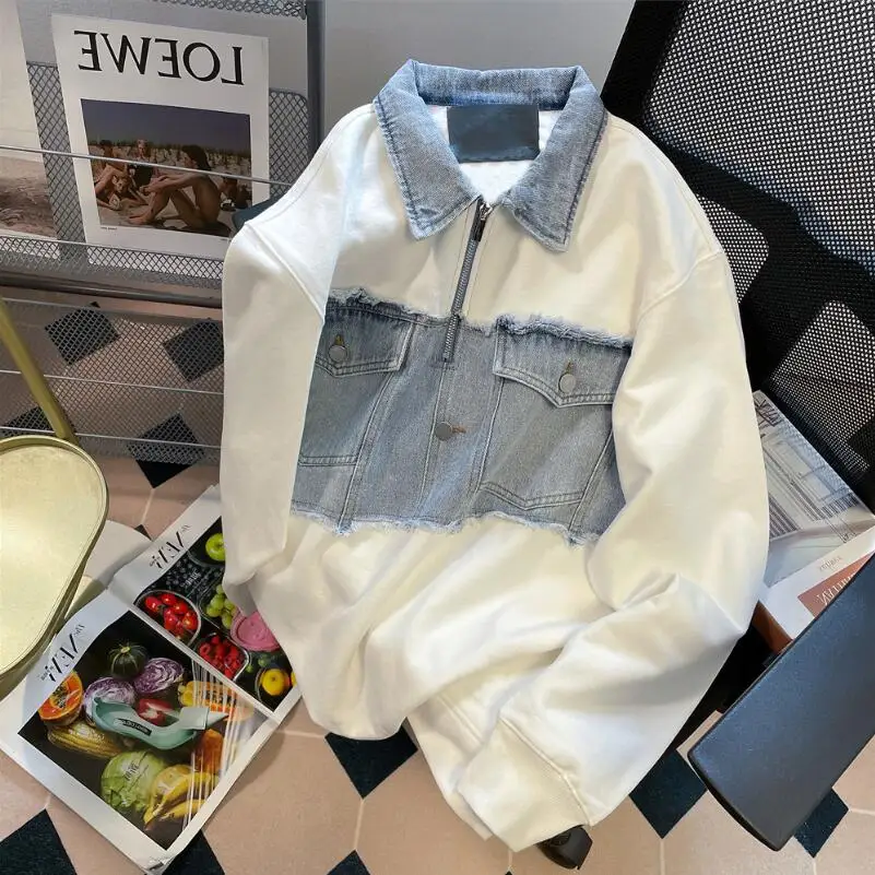 

High Street Denim Jacket Unisex Hip Hop Long Sleeved Sweatshirt Coat 2023 Autumn Loose Retro Lapel Splicing Half Zipper Top w598