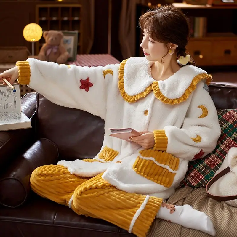 Sleepwear Women Autumn Winter Warm Pajama Sets Flannele Long Sleeve Kawaii Clothing Thick Nightwear Korean Chic Pant Homewear