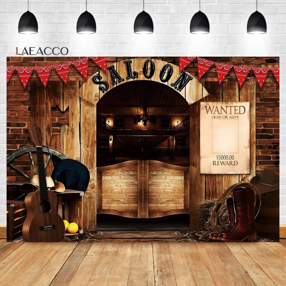 

Laeacco West Cowboy Themed Backdrop Boots Hat Wheel Wood Board Saloon Boy Kids Baby Shower Party Portrait Photography Background