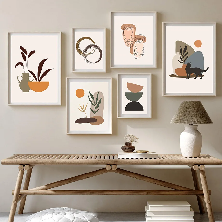 

Boho Abstract Line Face Geometry Leaf Plant Cat Posters Prints Wall Art Canvas Painting Gallery Decor Pictures For Living Room