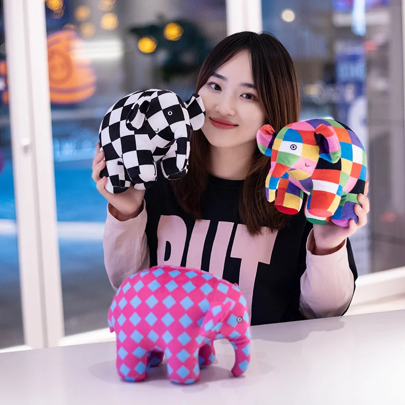 30CM Kawaii Anime Elmer The Elephant Figure Plush Doll Cute Cartoon Plaid Elephant Emma Plush Toy Kids Gift Christmas Gift