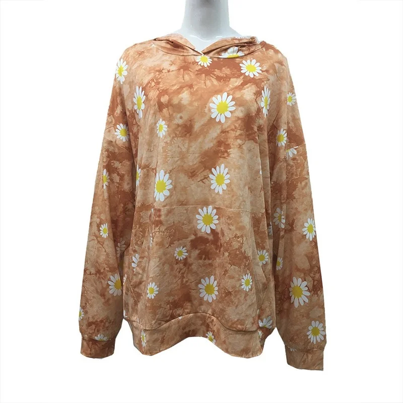 Europe and The United States  Autumn and Winter Women's Hooded Sweater Long-sleeved Pullover Tie-dye Little Daisy Jacket