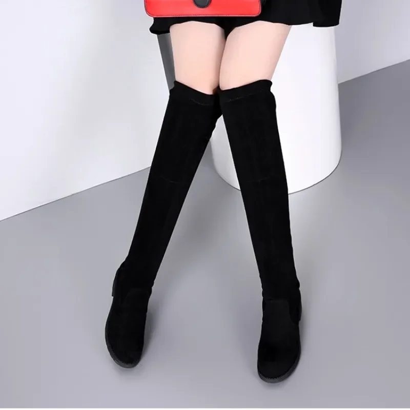 Women Boots Winter Black Over The Knee Boots New Comfort Lace Up Chunky High Heels Shoes Fashion Warm Suede Round Toe