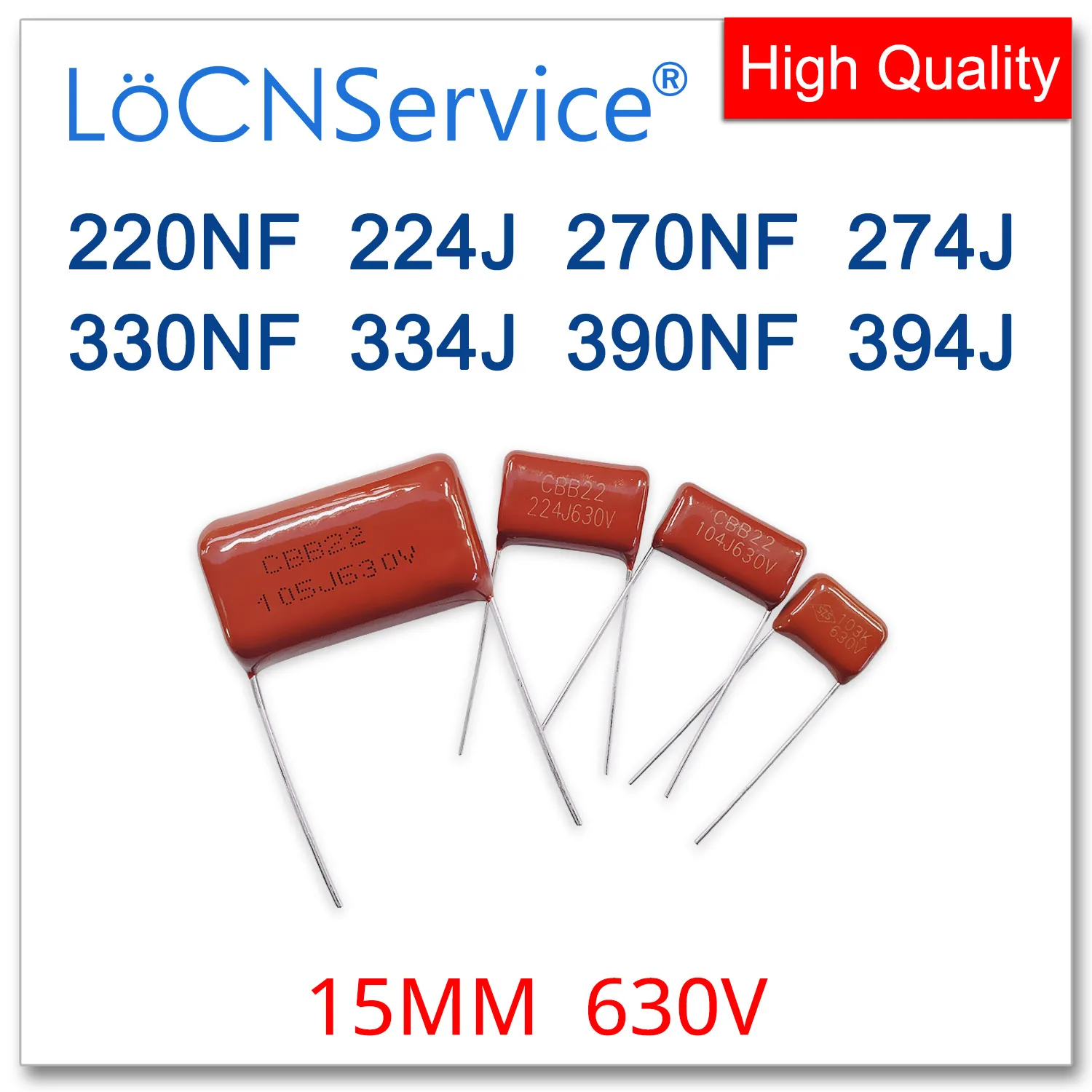 

LoCNService 500PCS 630V 15MM 220NF 270NF 330NF 390NF 224J 274J 334J 394J CBB Polypropylene Film Capacitor High Quality