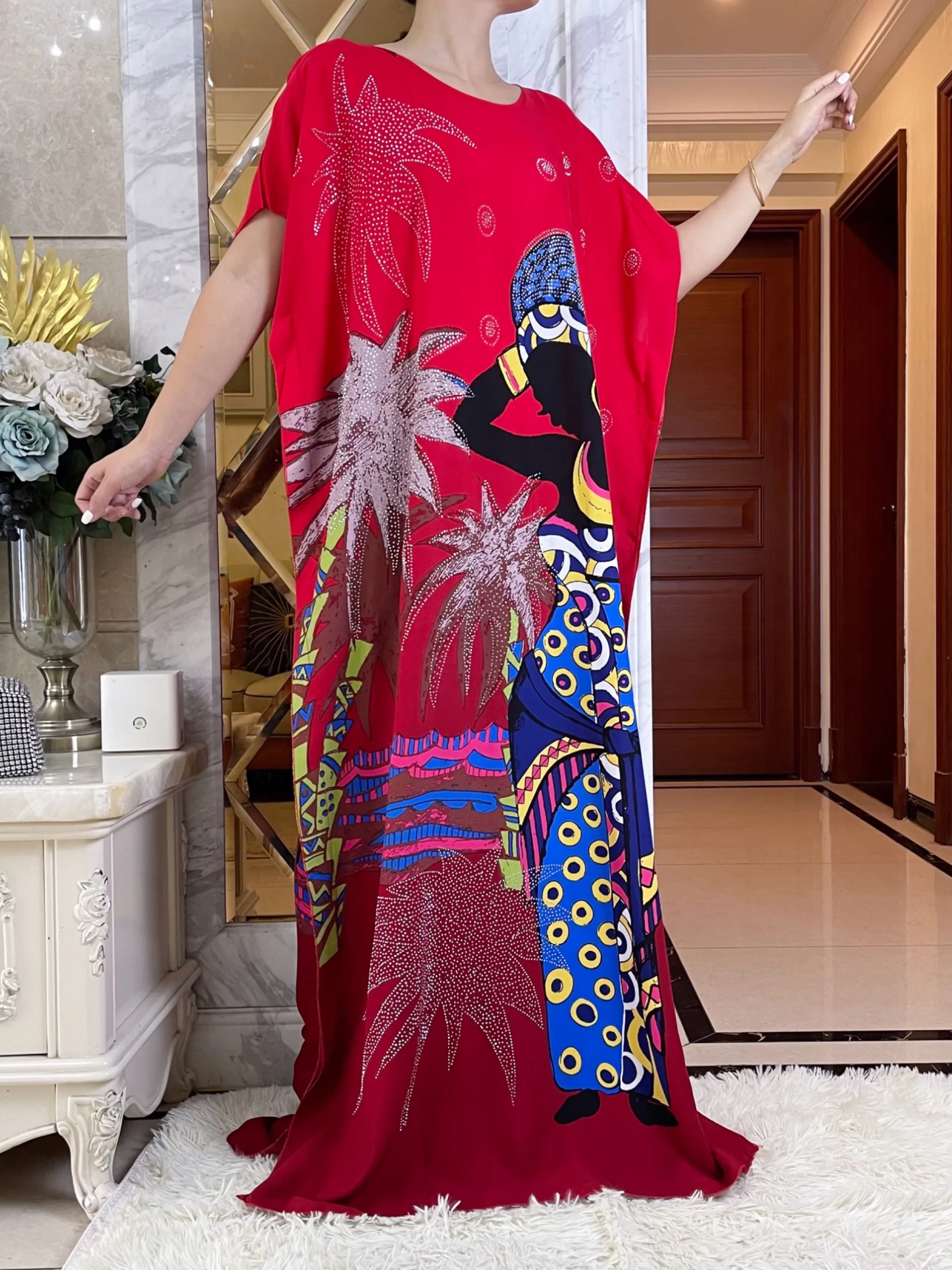 New Summer Dress With Big Scarf  African Women Short Sleeve Dashiki  Luxury Printed Floral Loose Maxi Islam Diamond Cotton Abaya