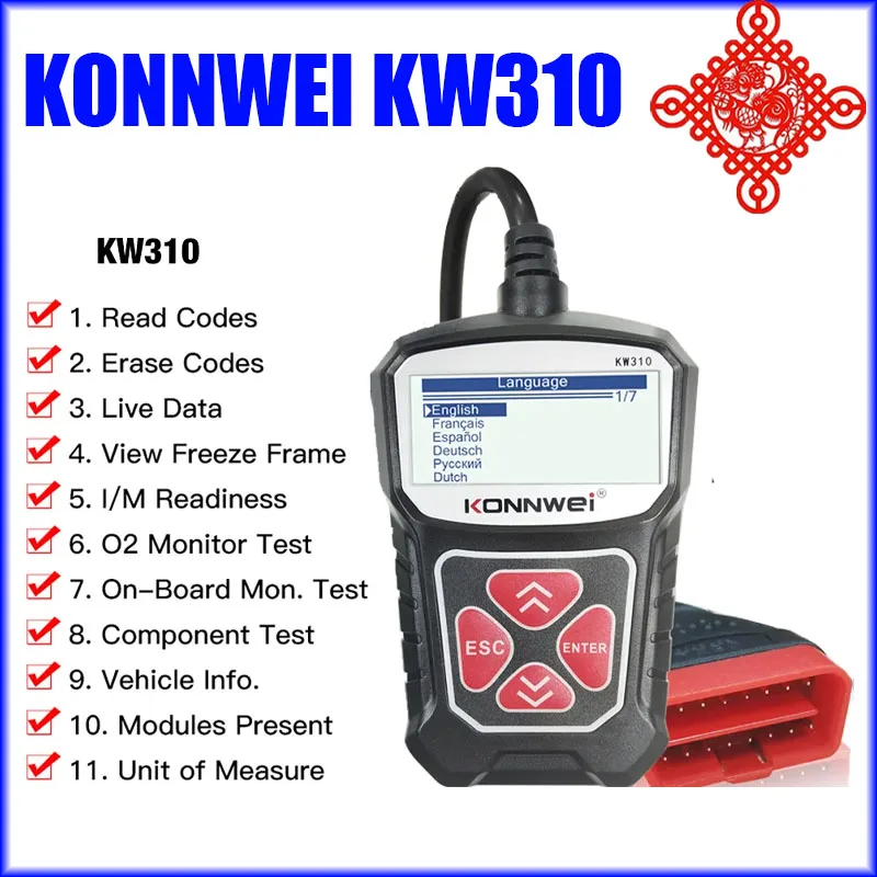 

KONNWEI KW310 OBD2 Scanner for Auto OBD 2 Car Scanner Diagnostic Tool Automotive Scanner Car Tools Russian Language PK Elm327