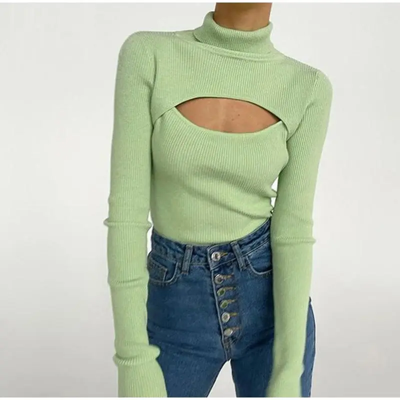 Women's sexy pullover sweater Turtleneck long sleeve hollow-out slim women's sweater fashion spring/Fall 2022 cropped sweater