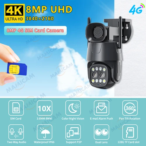 IP 카메라 와이파이/4G Sim 카드 야외 PTZ 8MP HD 듀얼 렌즈 3.6mm-8mm 보안 CCTV 캠 AI 휴먼 추적 컬러 나이트 비전 Camhi 2