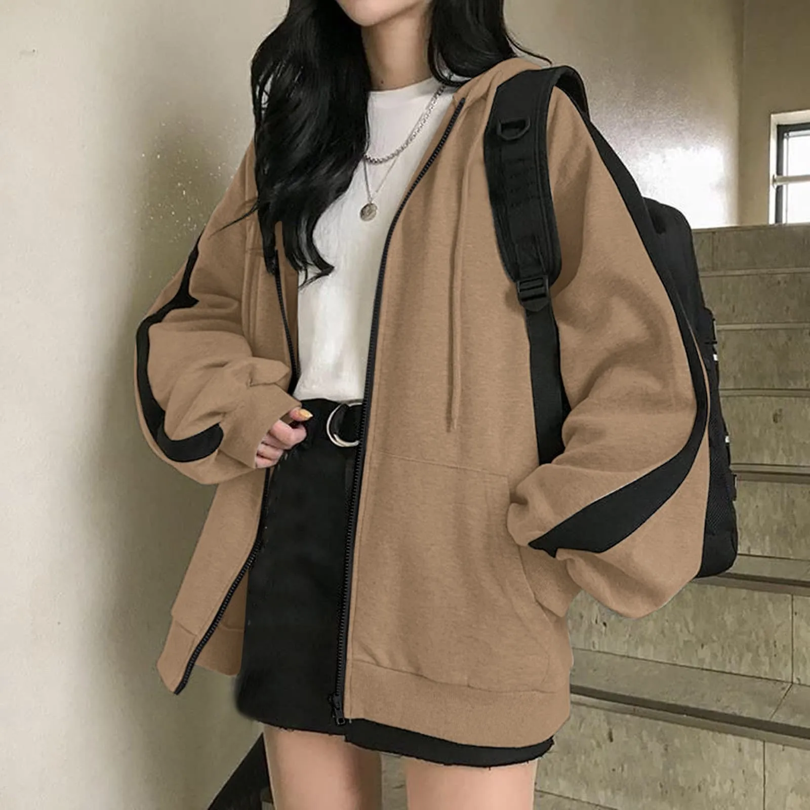 

2023 Women's Oversized Hoodies Casual Solid Long Sleeve Zipper Jackets Korean Version Harajuku Loose Fleece Hooded Sweatshirts