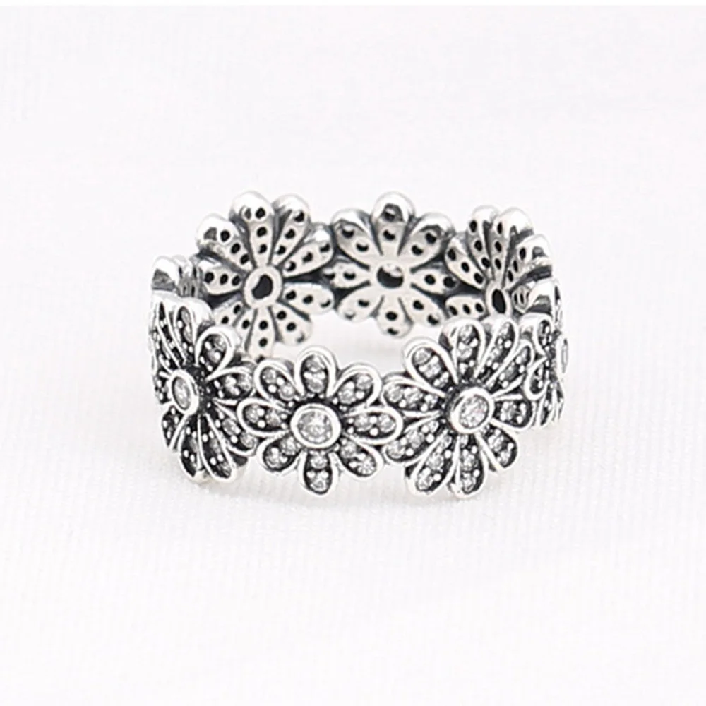 

Authentic 925 Sterling Silver Sparkling Daisy Flower Bouquet Fashion Ring For Women Gift DIY Jewelry