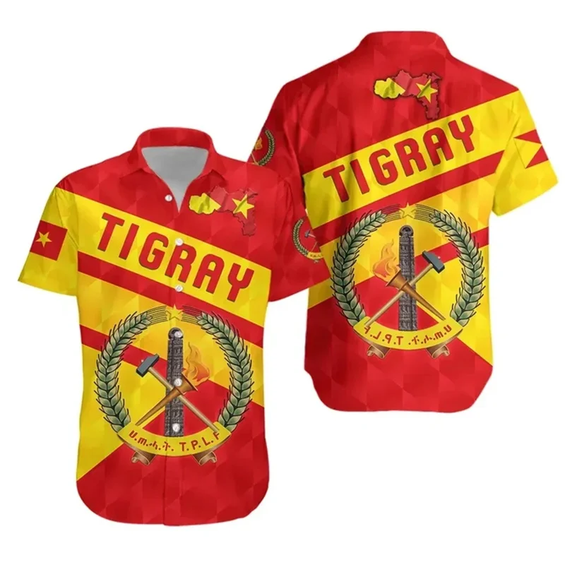 thumbnail image 1 of Camisetas hawaianas con estampado 3D del escudo de armas de África Tigray y patrón africano para hombre, moda urbana, ropa de calle, camiseta de manga corta, 1 of 4