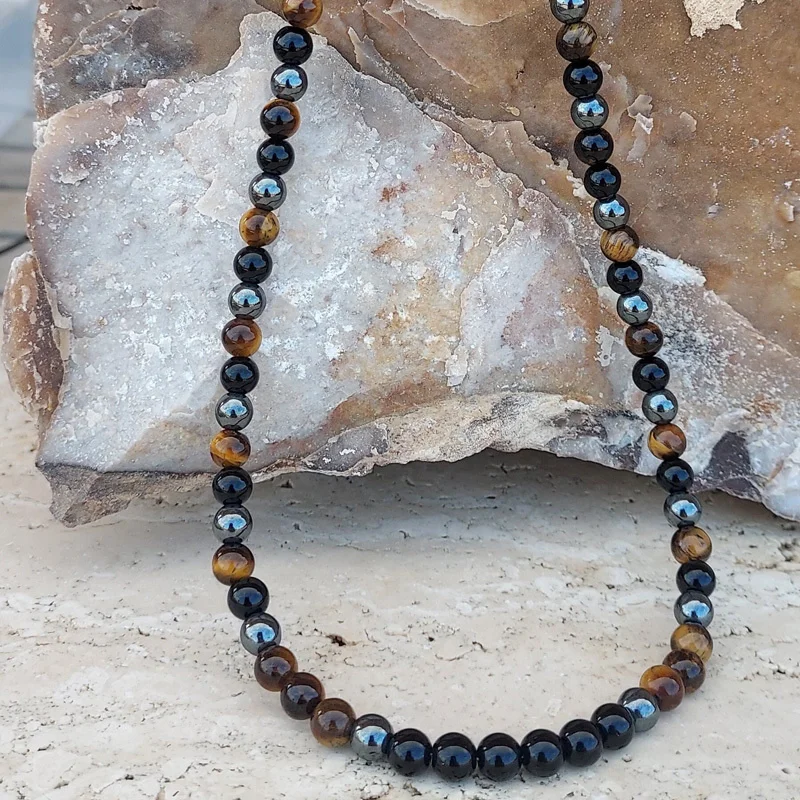 2022 New Trendy Round Men Necklace Simple Fashion 6mm Tiger Eye Hematite Stone Bead Necklace For Men Jewelry Gift