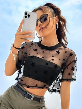 Fashion-Forward Y2K Heart Print Sheer Mesh Crop Top - Ethereal Crew Neck Short Sleeve Tee for Spring & Summer Styling - Womens C 1