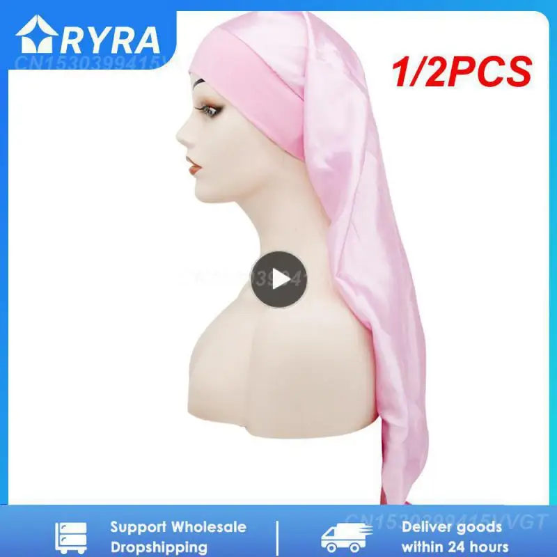 

1/2PCS Long Satin Bonnet Sleep Silk Sleeping With Wide Elastic Band Loose Night Hat For Women Braids Curly Hair Natural
