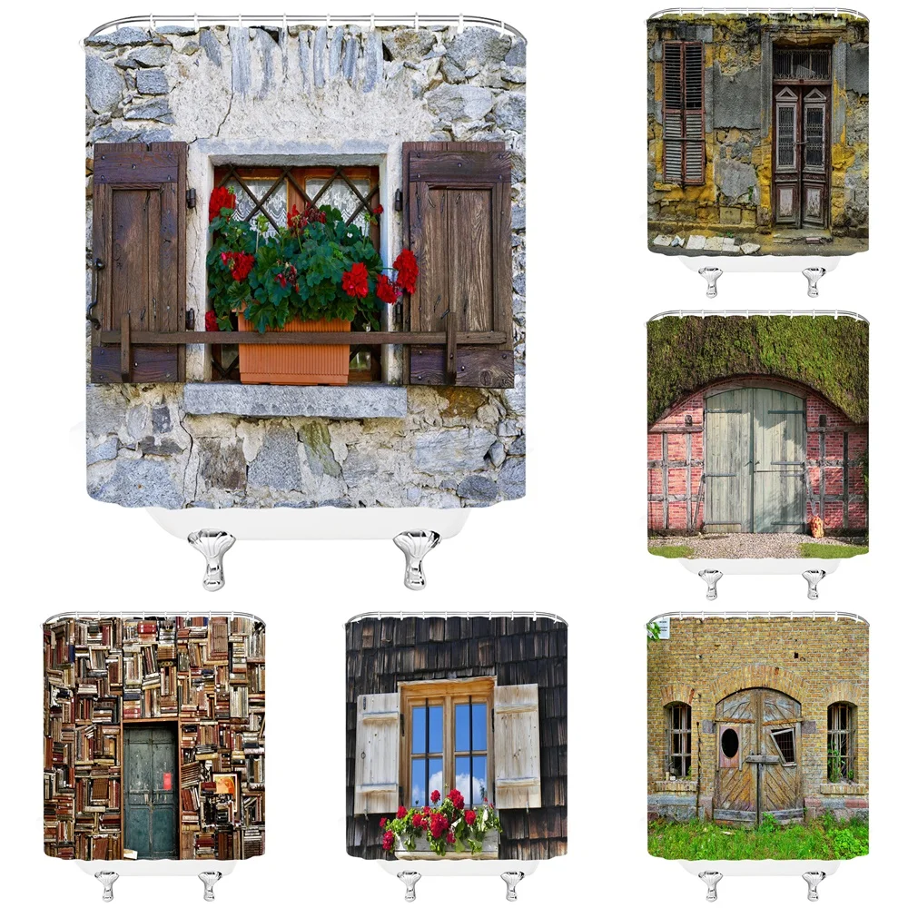 

Rustic Wooden Window Door Flowers Shower Curtain Stone Wall Barn Medieval European City Town Scenery Cloth Fabric Bathroom Decor