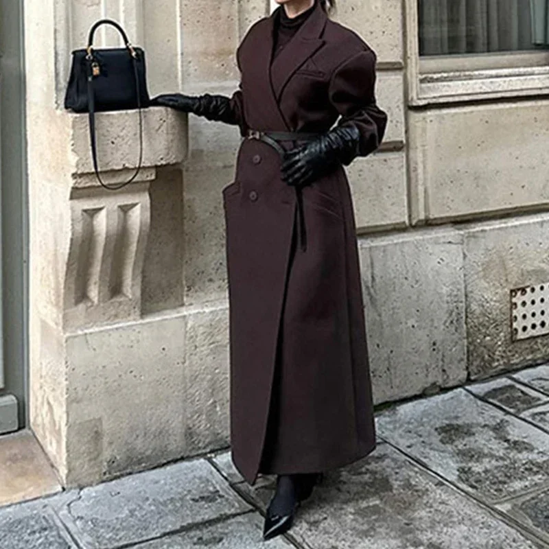 Elegant Lapel Pocket Woolen Long Trench Coat Women Fashion Full Sleeve Loose Overcoat Autumn Winter Lady Commute Outwear