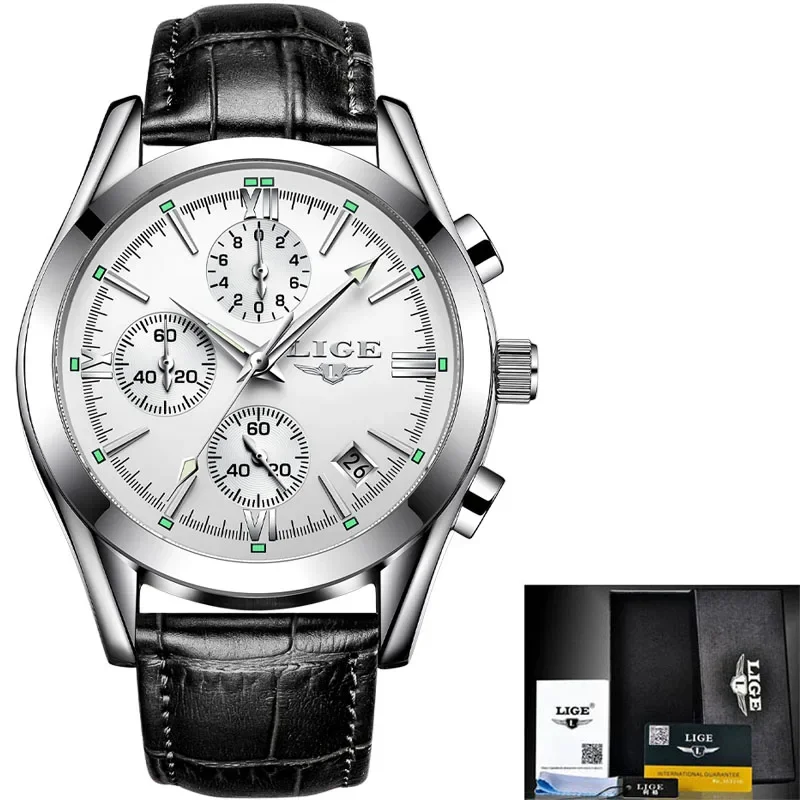 LIGE Luxury Men's Waterproof Leather Chronograph Watch
