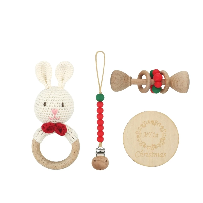 

4pcs Toddler Wood Toy Wood Baby Rattle Intellectual Grasping Toy Pacifier Clip Perfect Newborn Gift Teething Toy