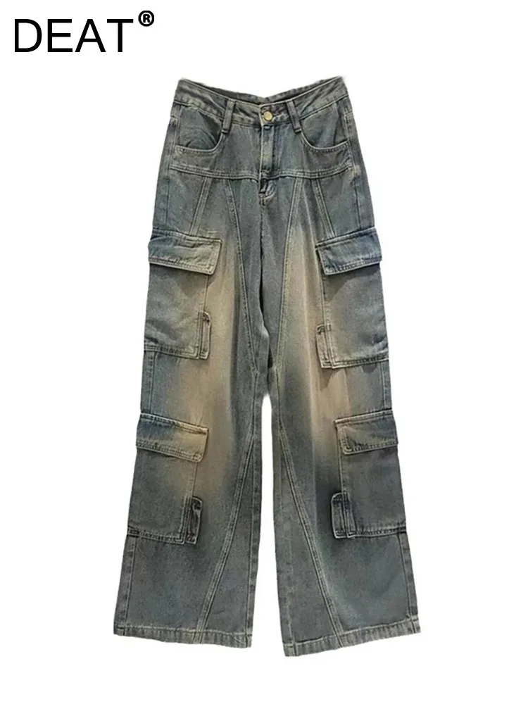 

DEAT Women Jeans High Waist Straight Wide Leg Multiple Pockets Vintage Washed Cargo Denim Pants 2024 Summer New Fashion 29L7790
