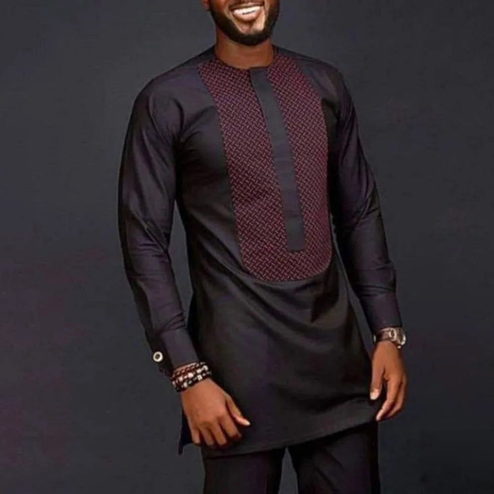 Printed Patchwork Shirt, Muslim Clothing, and Solid Color Pants for Men's Casual Set 2023 New African Ethnic Style Men's Set