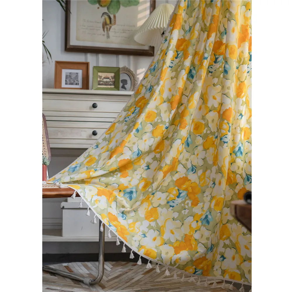 

Pastoral Colorful Bohemian Yellow Floral Print Curtain with Tassels Energy Saving Window Panel for Office Studio Living Room